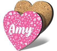 1 x Heart Coaster - Name Amy Pink Hearts Love Letter Lettering Initial Cork Backed MDF Glossy Tea Coffee Accessory #268276