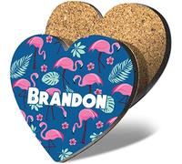1 x Heart Coaster - Name Brandon Tropic Flamingo Palm Flower Letter Lettering Initial Cork Backed MDF Glossy Tea Coffee Accessory #256090