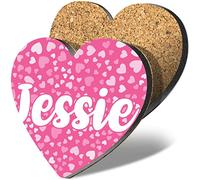 1 x Heart Coaster - Name Jessie Pink Hearts Love Letter Lettering Initial Cork Backed MDF Glossy Tea Coffee Accessory #267622