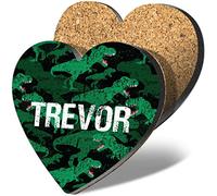 1 x Heart Coaster - Name Trevor TRex Dinosaur Tyrannosaurus Letter Lettering Initial Cork Backed MDF Glossy Tea Coffee Accessory #259732