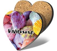 1 x Heart Coaster - Name Vivienne Sea Shells Letter Lettering Initial Cork Backed MDF Glossy Tea Coffee Accessory #266344