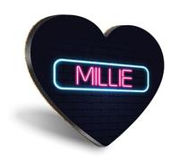 1 x Heart Coaster - Neon Sign Design Millie Name Cork Backed MDF Glossy Tea Coffee Accessory #353352