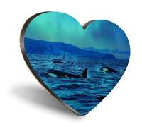 1 x Heart Coaster - Orca Killer Whales Northern Lights Ocean Cork Backed MDF Glossy Tea Coffee Accessory #53115
