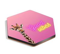 1 x Hexagon Coaster - Good Vibes Giraffe Pink Girls Cork Backed MDF Glossy Tea Coffee Accessory #51054