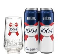 1 x Kronenbourg 1664 Official Branded Pint Glasses and 4 x Kronenbourg 1664 BIERE Lager 568ml Pint Cans | ABV 4.6% - Signature Drinks Gift Set