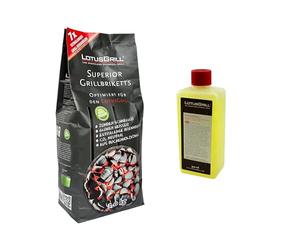 1 x LotusGrill Superior BBQ Briquettes 3 kg + 1 x LotusGrill Fire Paste 500 ml - CO2 Neutral, Burns Fast, Burns Time