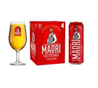 1 x Madri Excepcional Lager branded Pint Glass (2025 Edition Glass) with 4 x Madri Excepcional Lager 568ml Pint cans | ABV 4.6% |- Signature Drinks Gift Set.