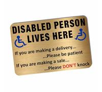 1 x ME30 Metal Disabled Person Lives Here Disability Disabilities UV Coated Aluminium Sign Wheelchair Door Delivery Package Parcel Awareness Notice 150mm x 100mm Aproximately A6 SMALL (Gold)