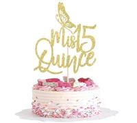 1 x Mis Quince 15 Cake Topper, Glitter, Hello 15, Fabulous Cake Decoration, Cheers to 15 Years, Cake Decoration for 15th Birthday, Anniversary, Party, Cake Decorations, Gold