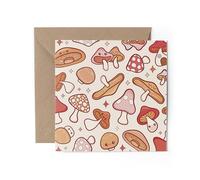 1 x Mushroom Greeting Card - Autumn Kawaii Faces Fungi Pattern Cartoon illustration Birthday Thank You Friend Fan Mum Dad Kids Gift #81979