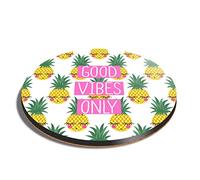 1 x Round Coaster - Good Vibes Only Positive Pineapples Cork Backed MDF Glossy Tea Coffee Accessory #51055