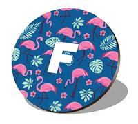1 x Round Coaster - Letter F Tropical Flamingo Palm Flower Lettering Name Initial Cork Backed MDF Glossy Tea Coffee Accessory #255294