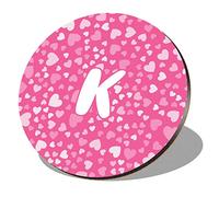 1 x Round Coaster - Letter K Pink Hearts Love Lettering Name Initial Cork Backed MDF Glossy Tea Coffee Accessory #266455