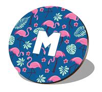 1 x Round Coaster - Letter M Tropical Flamingo Palm Flower Lettering Name Initial Cork Backed MDF Glossy Tea Coffee Accessory #255301