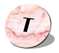 1 x Round Coaster - Letter T Marble Stone Texture Lettering Name Initial Cork Backed MDF Glossy Tea Coffee Accessory #274831
