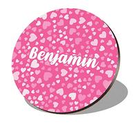 1 x Round Coaster - Name Benjamin Pink Hearts Love Letter Lettering Initial Cork Backed MDF Glossy Tea Coffee Accessory #267223
