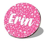 1 x Round Coaster - Name Erin Pink Hearts Love Letter Lettering Initial Cork Backed MDF Glossy Tea Coffee Accessory #268510