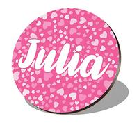 1 x Round Coaster - Name Julia Pink Hearts Love Letter Lettering Initial Cork Backed MDF Glossy Tea Coffee Accessory #268660