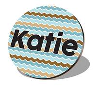 1 x Round Coaster - Name Katie Blue Waves Geometry Zigzag Color Letter Lettering Initial Cork Backed MDF Glossy Tea Coffee Accessory #254758