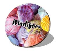1 x Round Coaster - Name Madison Sea Shells Letter Lettering Initial Cork Backed MDF Glossy Tea Coffee Accessory #266050