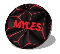 1 x Round Coaster - Name Myles Gamer Black Red Video Game Letter Lettering Initial Cork Backed MDF Glossy Tea Coffee Accessory #273458