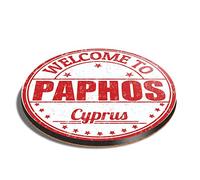1 x Round Coaster - Paphos Cyprus Travel Stamp Cork Backed MDF Glossy Tea Coffee Accessory #6057