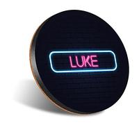 1 x Round Jumbo Size Coaster 12cm Neon Sign Design Luke Name Cork Backed MDF Glossy Tea Coffee Accessory #352243