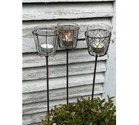 1 x Rusty Wire Cage Garden Tea Light Stake, Outdoor Garden Candle Holder, Wire Cage with Glass Votive Garden Candle Holder on a Spike, Wedding Lantern, Garden lantern Christmas (Horizontal Lines)