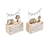 1 x Shabby Chic Wooden Holiday Caravan & Bunting Ornament Decoration/Plaque - 2 Designs Shown - Cream, Grey, Natural - 17 cm - One Chosen At Random