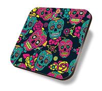 1 x Square Coaster - Teal & Pink Flowery Sugar Skull Pattern Halloween Cork Backed MDF Glossy Tea Coffee Accessory #170890