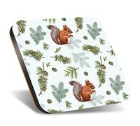 1 x Square Jumbo Size Coaster 12cm Red Squirrel Forest Pattern Cork Backed MDF Glossy Tea Coffee Accessory #170849