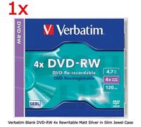 1 x Verbatim Blank DVD-RW 4x Rewritable Matt Silver Disc in 1 Slim Jewel Case