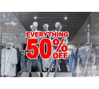 1 x wall window display sale sticker - everything 50 percent off - red print on white cut out - self adhesive weather proof vinyl sticker label - size - 450mm x 280mm