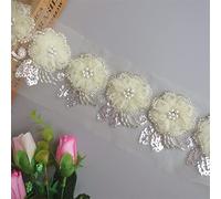 1 Yard 3D Wedding Pearl Sequins Flowers Lace Edge Trim 6.5cm Wide Ribbon Beaded Embroidered Mesh Lace Fabric Trimmings Applique Sewing Craft Party Clothes Bridal Dress Decoration (Apricot)