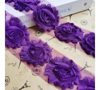 1 Yard Frayed Chiffon Rose 3D Flower Lace Edge Trim Ribbon 6 cm Width Shabby Chic Colourful Edging Trimmings Fabric Embroidered Applique Sewing Craft Wedding Dress Embellishment (#7 Dark Purple)