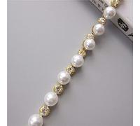 1 Yard Pearl Gold Rhinestone Crystal Chain 1CM Width Bling Diamante Lace Trim Ribbon Gem Sparkle Wedding Dress Necklace Prom Evening Diamond Applique Show Accessories Sash Belt Headwear Craft DIY