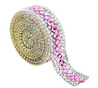 1 Yard Pink Rhinestone Diamond Ribbons with Square Diamand 1.2CM Wide Self Adhesive Glass Rhinestone Strips,Shinny Gemstone Crystal Roll for DIY Glitter Decorate