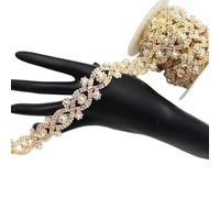 1 Yard Rhinestone Trim Chain, Gold AB Crystal Beads String Diamante Ribbon Bling Strips Sewing Fringe Tassel Sewing for DIY Party Wedding Bouquet Dress Decoration Bridal Costume Embellishment