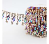 1 Yard Rhinestone Trim Chain, Gold AB Crystal Beads String Diamante Ribbon Bling Strips Sewing Fringe Sewing for DIY Party Wedding Bouquet Dress Decoration Bridal Costume Embellishment