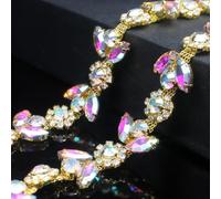 1 Yard Rhinestone Trim Chain Gold AB String Crystal Applique Fringe Ribbon Strips Beads Sewing Dress DIY Party Wedding Bouquet for Decoration Bridal Costume Embellishment