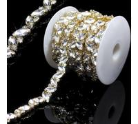 1 Yard Rhinestone Trim Chain Gold String Crystal Applique Fringe Ribbon Strips Beads Sewing Dress DIY Party Wedding Bouquet for Decoration Bridal Costume Embellishment