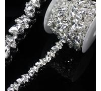 1 Yard Rhinestone Trim Chain, Silver Crystal Beads String Diamante Ribbon Bling Strips Sewing Fringe Tassel Sewing for DIY Party Wedding Bouquet Dress Decoration Bridal Costume Embellishment