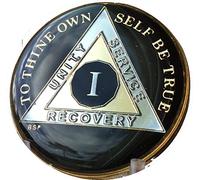 1 Year Classic Black AA Alcoholics Anonymous Medallion Sobriety Chip Tri Plate Gold & Nickel Plated Serenity Prayer by Bright Star Press