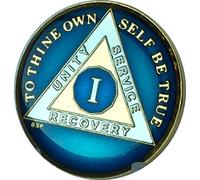 1 Year Midnight Blue AA Alcoholics Anonymous Medallion Sobriety Chip Tri Plate Gold & Nickel Plated Serenity Prayer by Bright Star Press