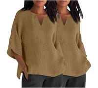 (10, 011* Brown) 2PCS Womens Tops 3/4 Sleeve Shirts Casual V Neck Cotton Linen T Shirts Plus Size Blouse Loose Fit Pullover Dressy Tshirts Going Out Tops Trendy Y2K Ou