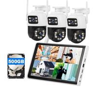 10.1 Inch LCD Wireless CCTV Security System, 8CH NVR with 500GB HDD, 3×Dual-Lens PTZ Cameras, AI Human Detection, 360° View, Two-Way Audio, IP66 Waterproof, 24/7 Recording for Home Outdoor