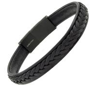 10:10 Men's Braided Genuine Leather Bracelet with Stainless Steel Adjustable Closure PVD Satin Black- Made In Italy, Adjustable, Leather, no gemstone