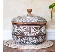 10.2" Round Tribal Black & White Storage Container, Large Handcarved Wooden Bowl with Lid, Home Decoration, Fair Trade, Handmade, Sustainable (26 x 22 cm)