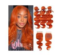 10-26 Inch Body Wave 3 Bundles with Closure Orange Brazilian Human Hair Weave Free Part Wave Curly Remy Hair Extensions(18 20 22 with 16)