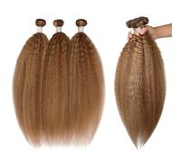 10-30" Kinky Straight Hair Bundles 3 4 Bundles Highlight P4/27 Honey Brown Yaki Straight Human Hair Bundles Remy Hair Extension(22 24 26 26)